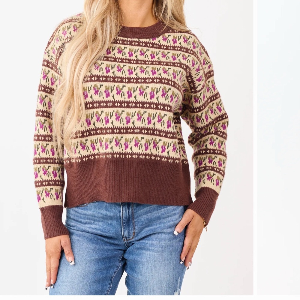 Listicle Brown and Cream Fair Isle Crewneck Sweater with Pink Accents